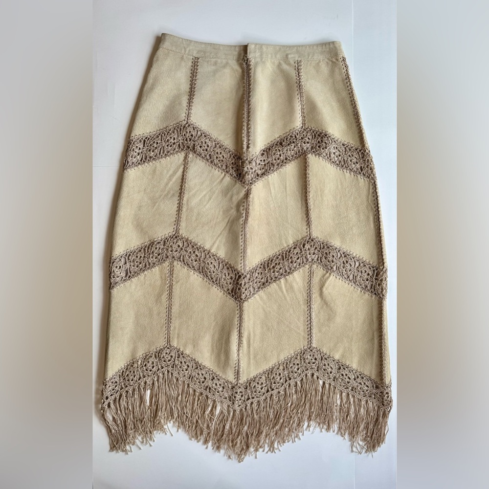 Lee Magraw Collection Vintage Suede Fringe Midi Skirt Beige Size 10 - Picture 3 of 16